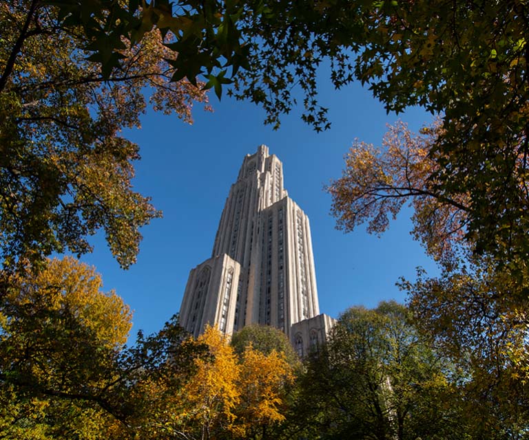 Cathedral of Learning framed by trees