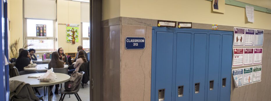 View into a classroom from a hallway in a public school