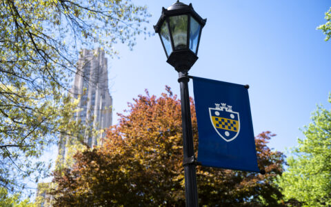 Pitt campus with cathedral and lampost