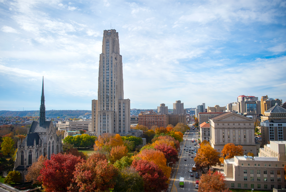 Fall campus overhead shot over Fifth avenue