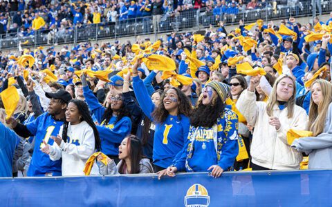 Crowd of Pitt football fans cheer in the stadium