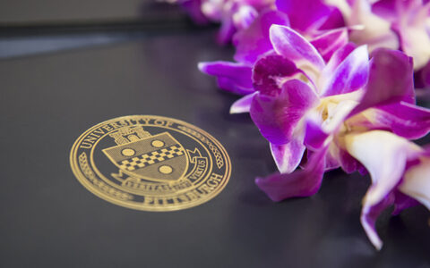 Close-up of folder with Pitt shield and pink flowers