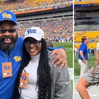 Simeon Saunders, LaToya Walters, and Heather Hendry pose on the football field.