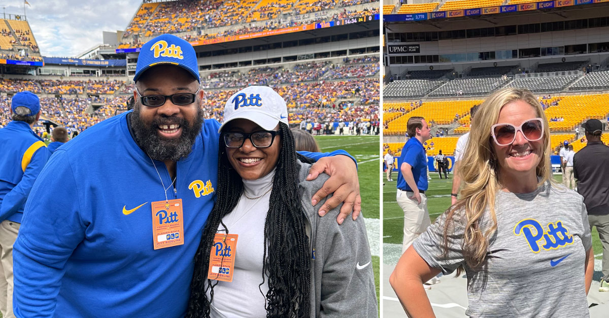 Simeon Saunders, LaToya Walters, and Heather Hendry pose on the football field.