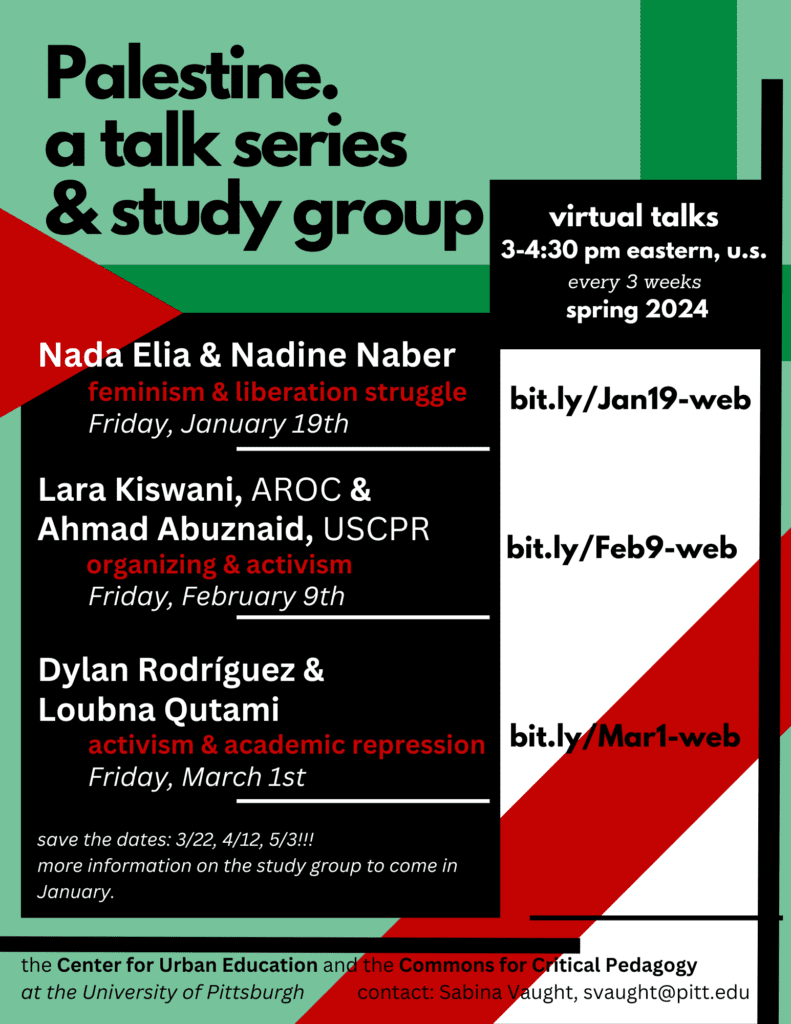 Flyer for Palestine talk series and study group in Spring 2024