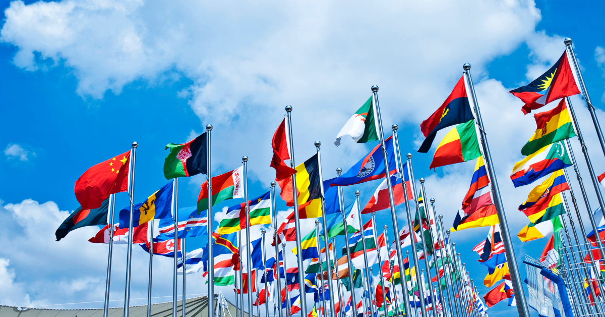 Rows of colorful flags from dozens of countries