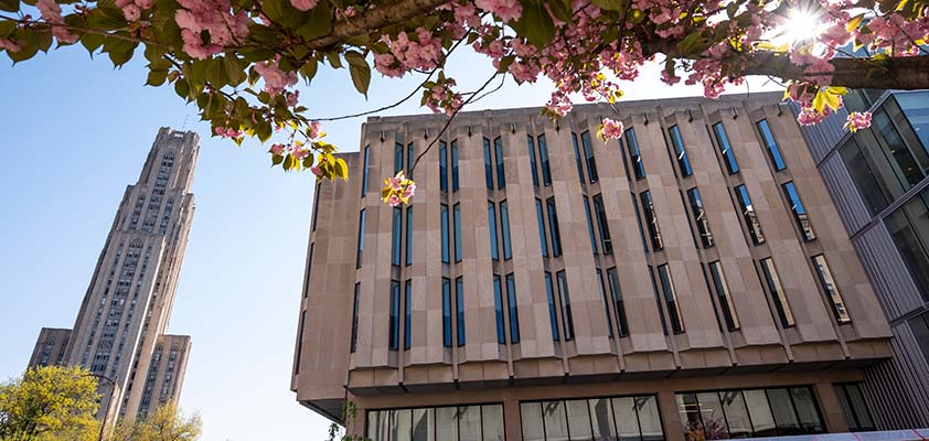 Exterior of Hillman Library and the Cathedral of Learning