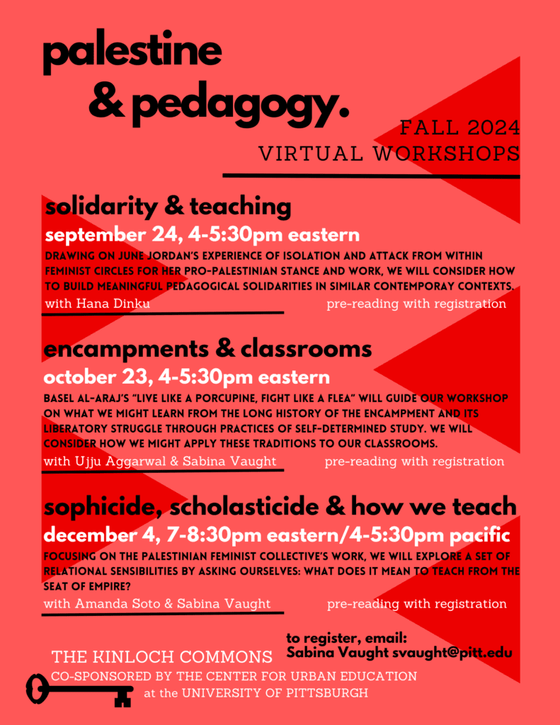 Flyer for the "Palestine & Pedagogy" fall 2024 series of virtual workshops