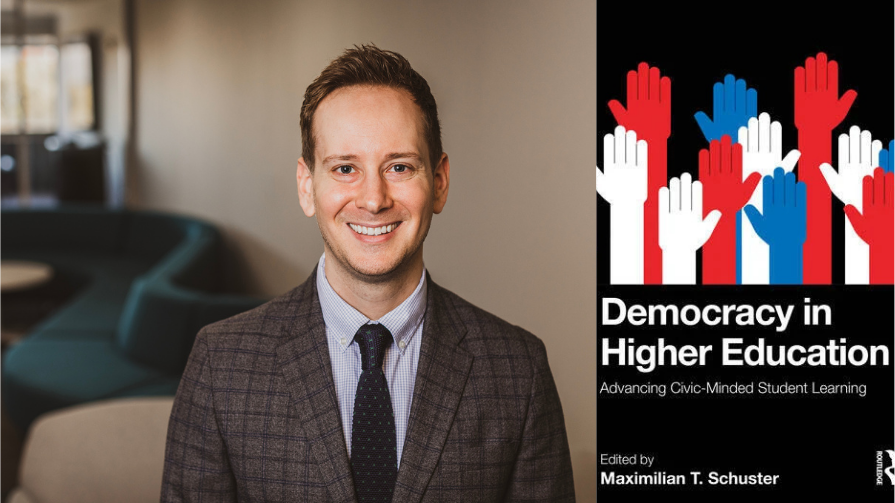 Max Schuster on left. Book cover of "Democracy in Higher Education" on the right.
