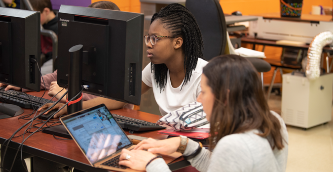 Photos of a middle school student learning computer science in front of computer